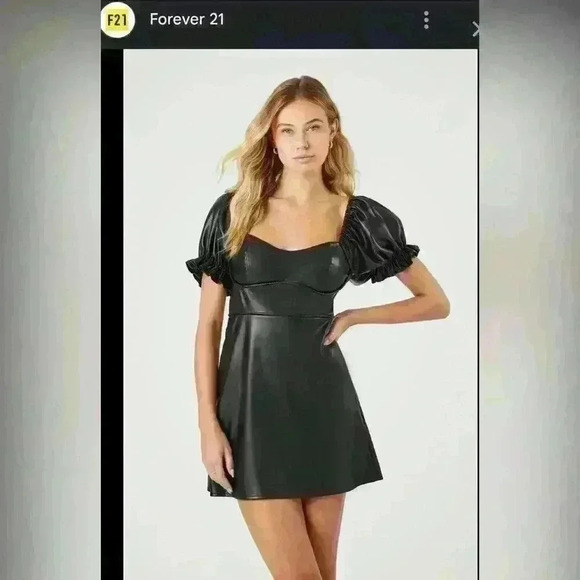 NWT Forever21 Faux Leather Puff-Sleeve Mini Dress - Picture 2 of 9